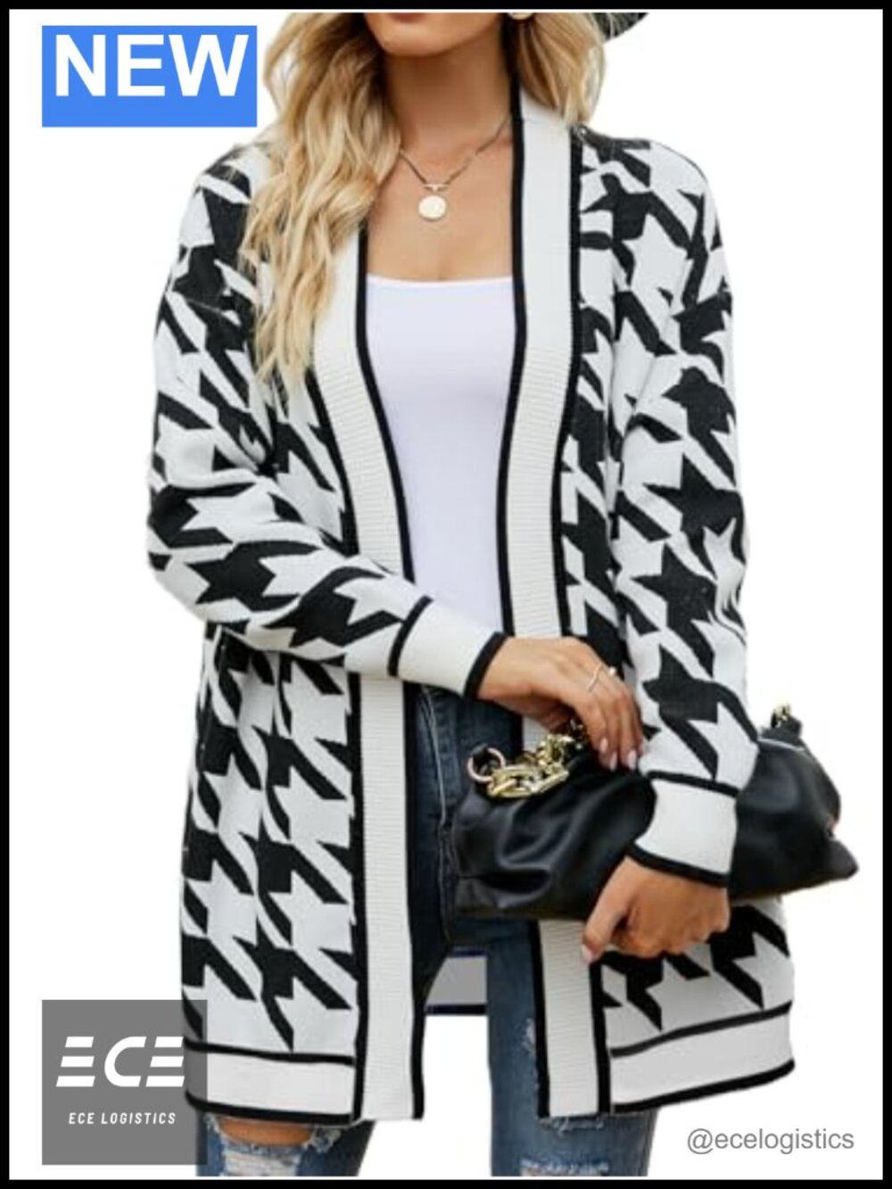 Houndstooth Cardigan Sweater Lightweight Open Front Knit Long Sleeve